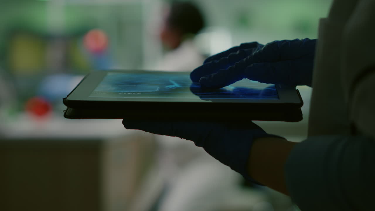 Chemist scientist woman checking dna sample test using tablet