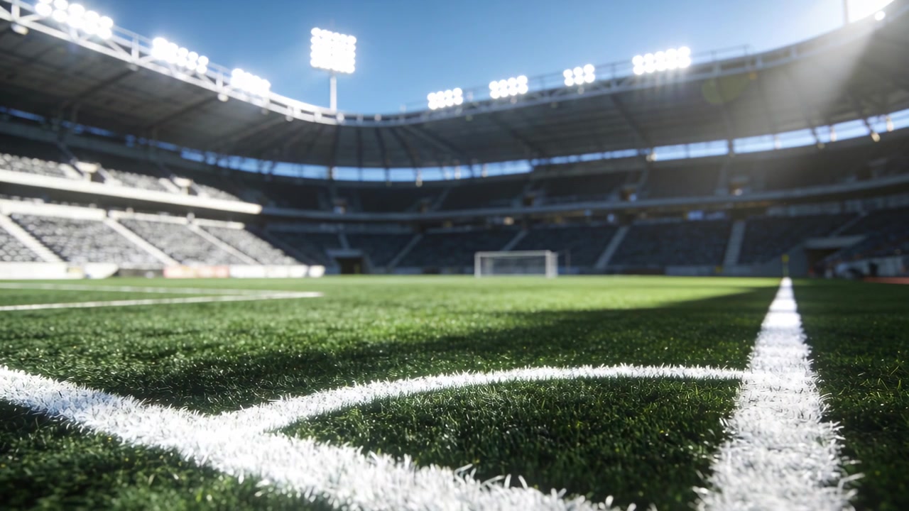 Telecamera bassa che avanza rivelando un angolo del campo da calcio nello stadio, mostrando l'arco d'angolo bianco.