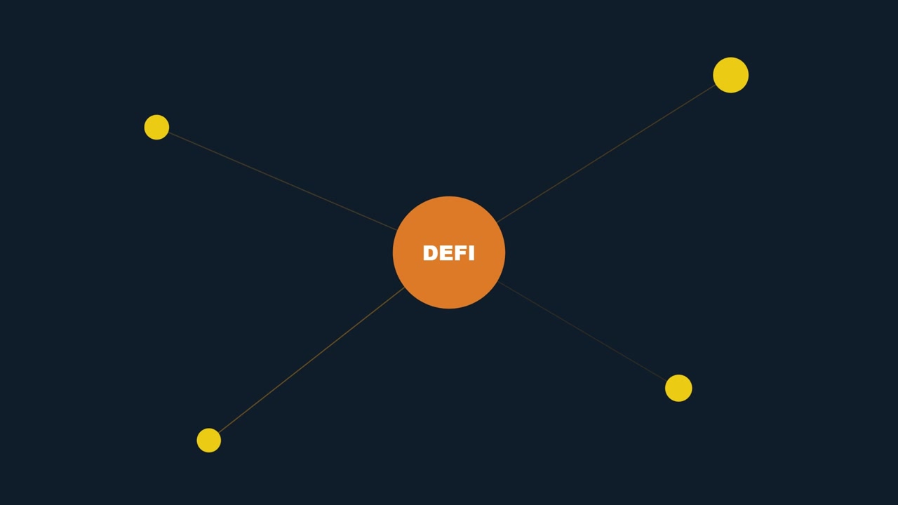 3D render of DeFi network interface with connected nodes on dark background creating decentralized finance animation designed for blockchain visuals and video overlays.