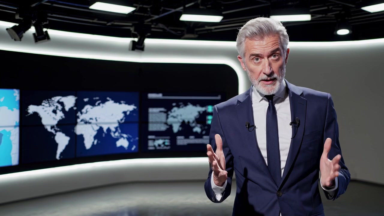 Conduttore di telegiornale esperto che parla in un moderno studio televisivo