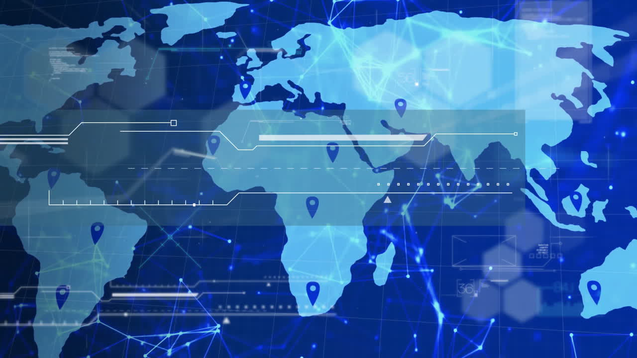 mapa del mundo con marcadores de ubicación y animación de conexiones de red
