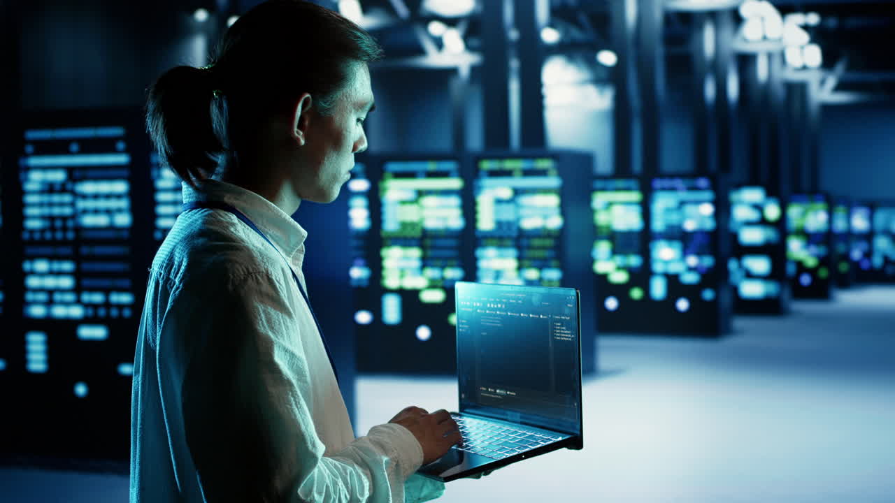 el técnico ejecuta código en el centro de datos.