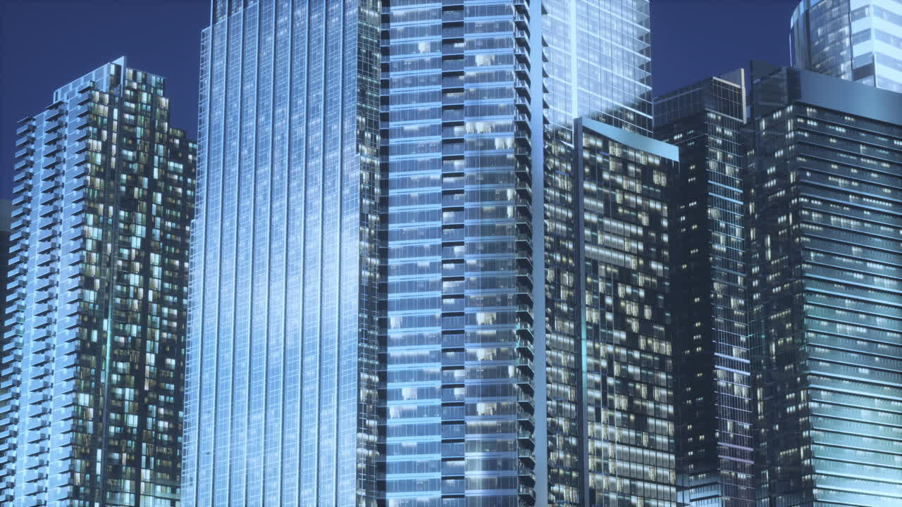 유리 전면 을 가진 마천루 의 야간 건축