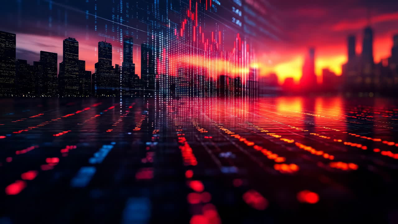 Vibrant sunset market trends. Stock market charts display trends against a city skyline at sunset, with colorful reflections creating a dynamic scene
