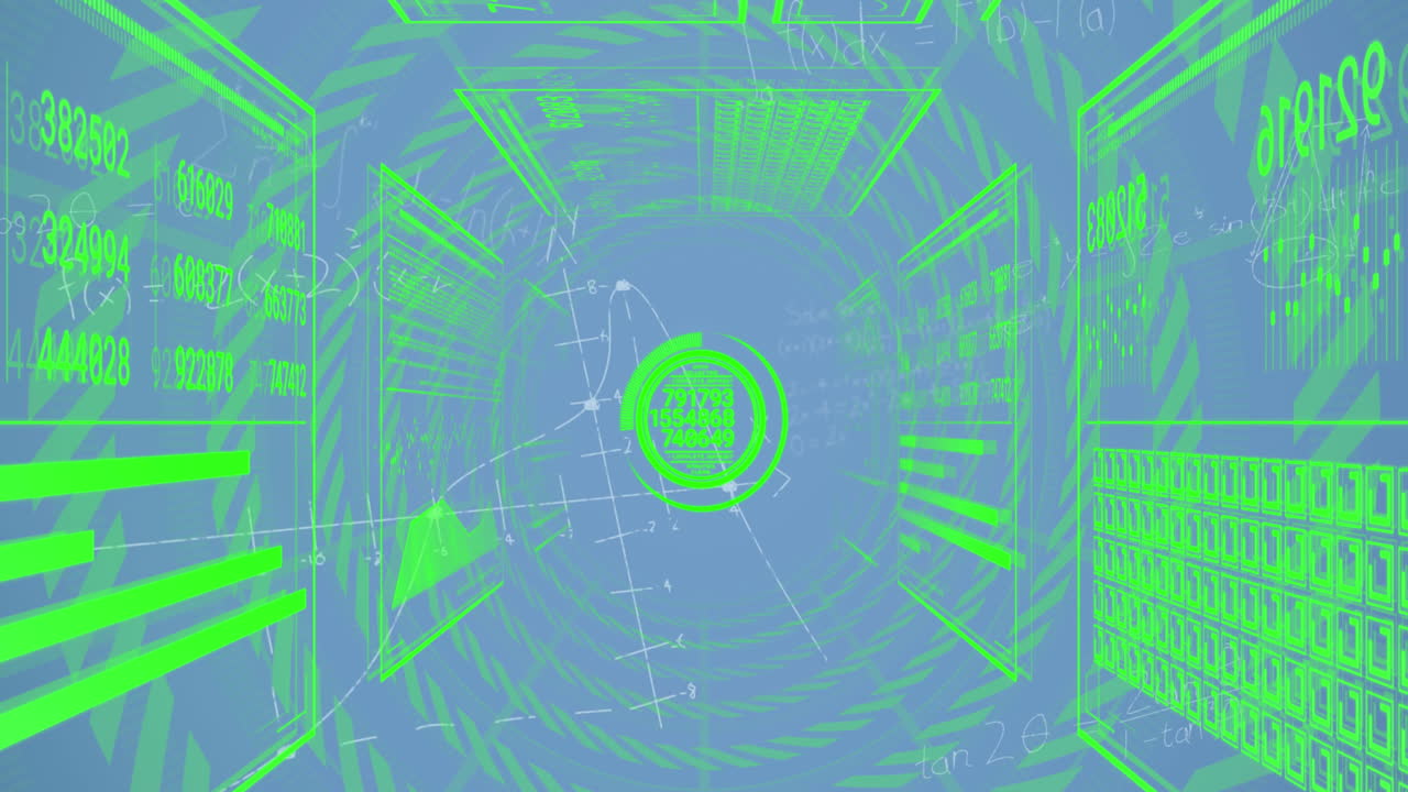Animation of data processing and math formulas on blue background