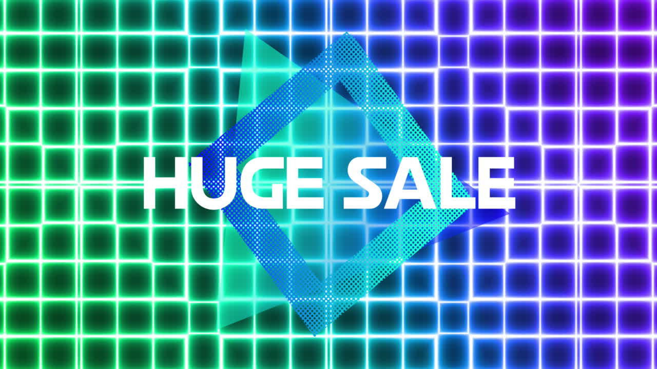 파란색 다이아몬드 모양과 초록색에서 보라색 네온 메시 위에  ⁇ 색 문자로 거대한 판매 텍스트의 애니메이션