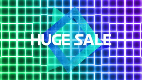 animation of huge sale text in white letters over blue diamond shape and green to purple neon mesh