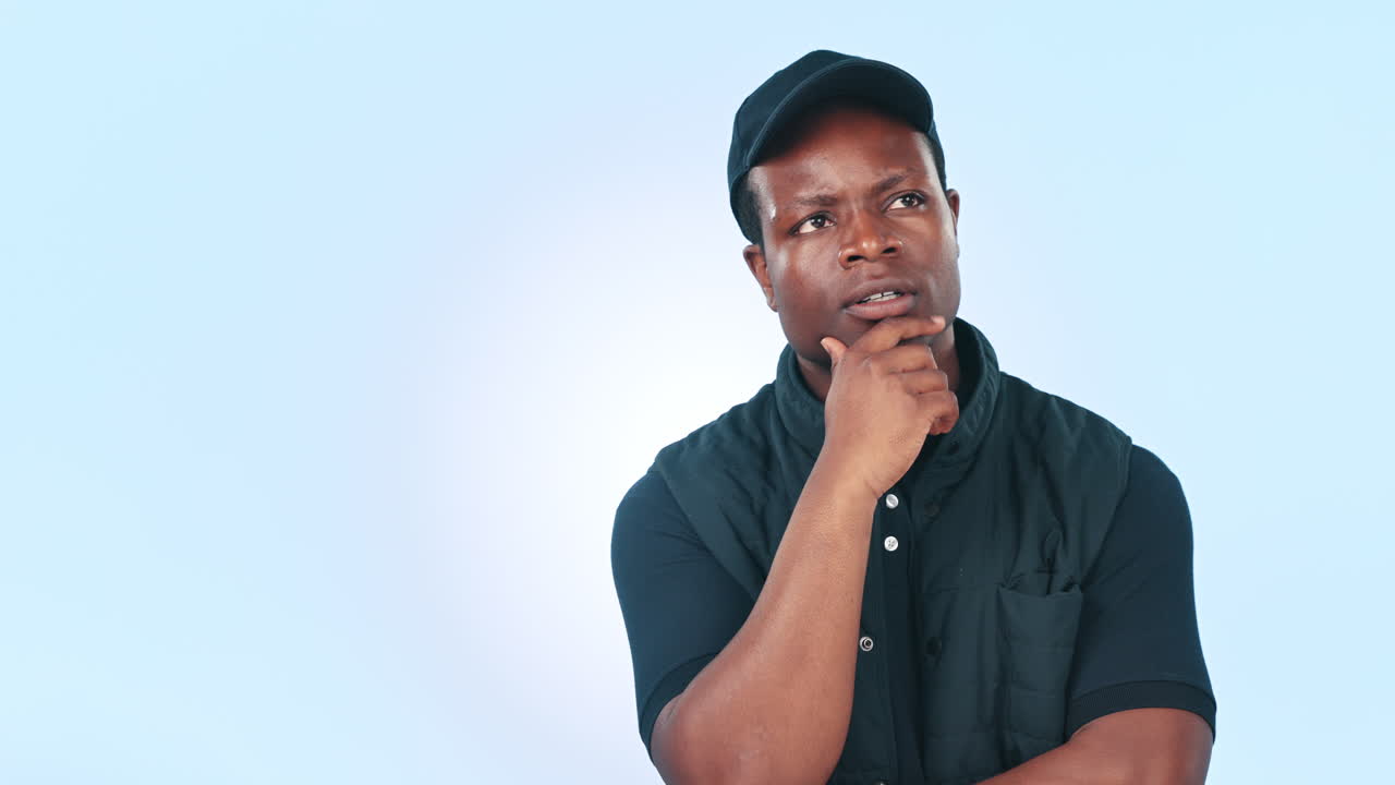 Thinking, idea and black man in studio with mockup
