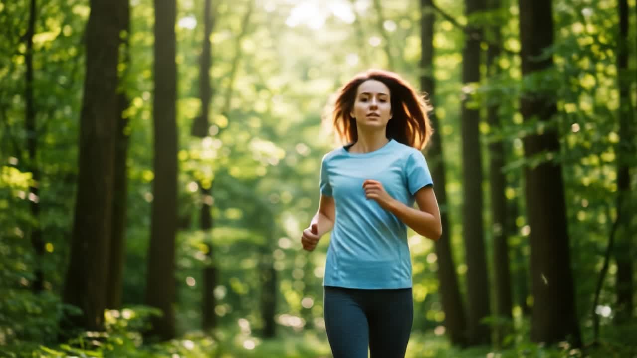 Una giovane donna che fa jogging in un rigoglioso sentiero nel bosco illuminato dalla luce del mattino, godendosi la natura e il fitness a ogni passo e respirando aria fresca