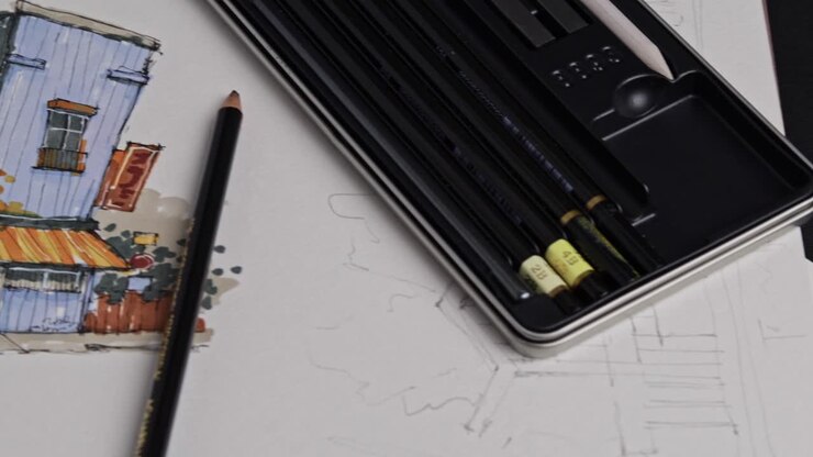 Top down pan of an architectural sketch and drawing pencils