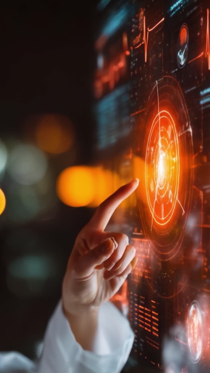 Uma pessoa com uma interface digital futurista, exibindo tecnologia avançada e elementos interativos que destacam a visualização e análise de dados