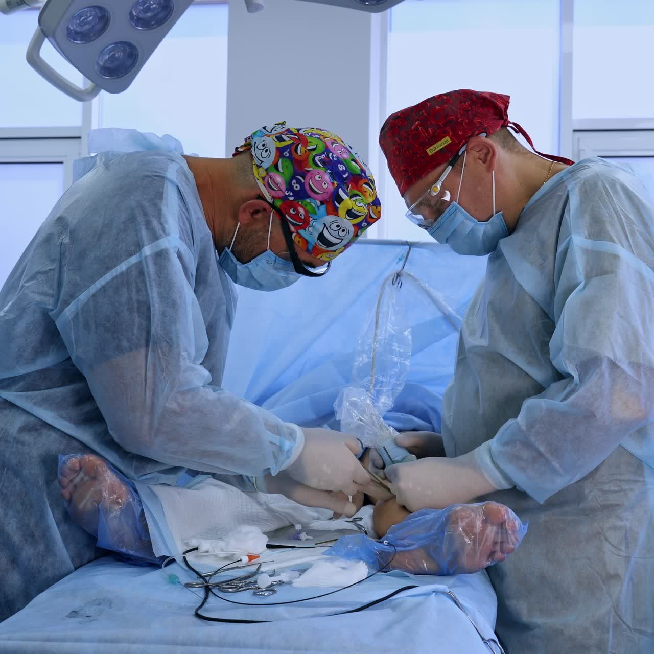 Collaborating doctors in funny hats performing phlebology operation. Male surgeons applying tools on the operated leg of a patient