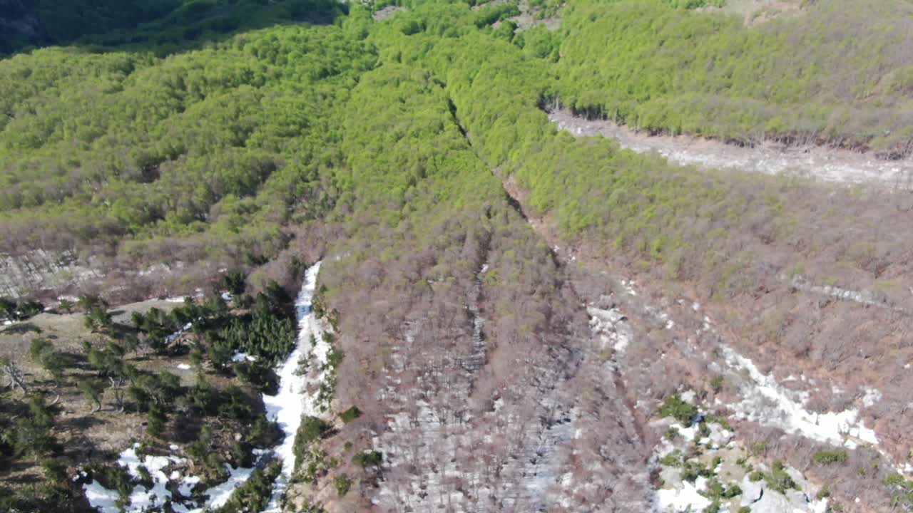 vista de aviones no tripulados en albania volando en los alpes mostrando bosque verde y nevado en un valle rodeado de montañas con picos nevados en el
