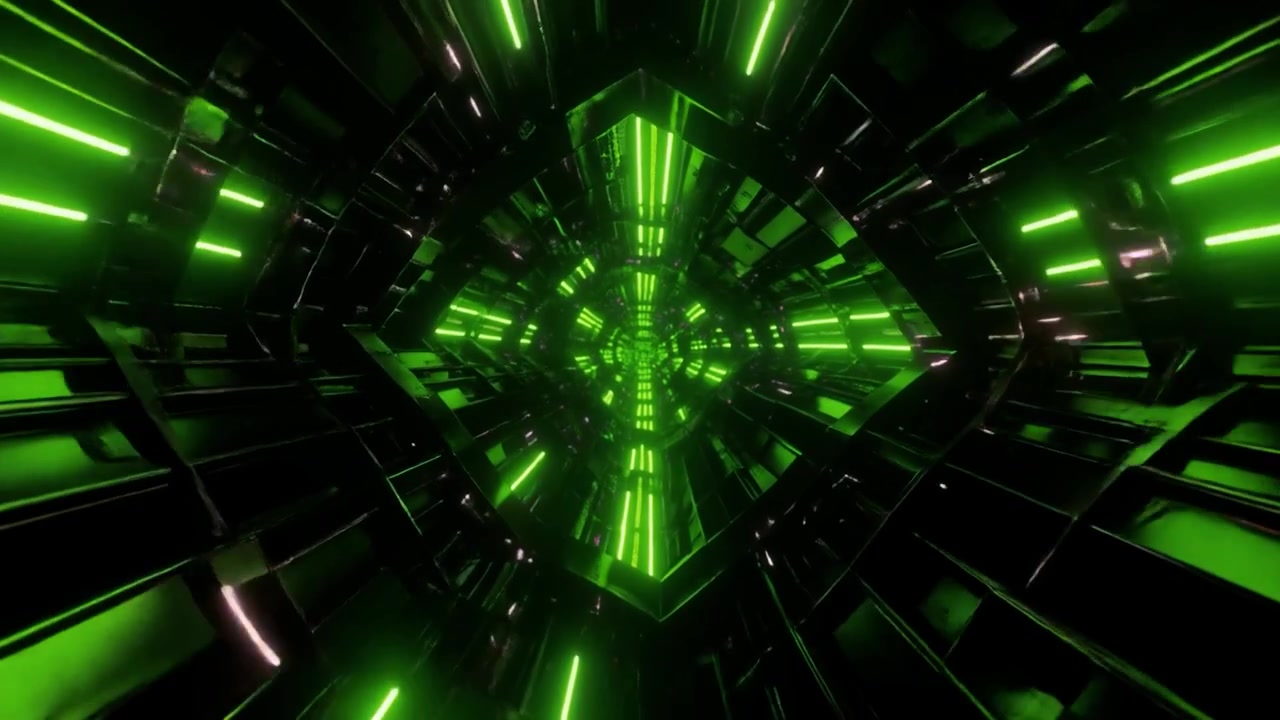 Tunnel futuristico con luci al neon verdi luminose