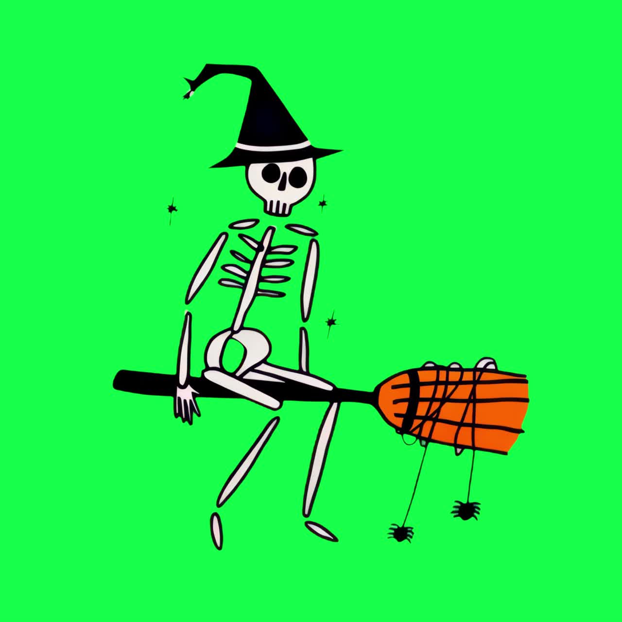 Skeleton witch broomstick ride animation, transparent 4K video, green screen