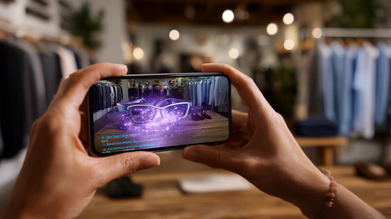 Esperienza innovativa di realtà aumentata mentre l'utente esplora occhiali virtuali interattivi utilizzando uno smartphone in un negozio al dettaglio, combinando tecnologia e moda per un'avventura di shopping unica.