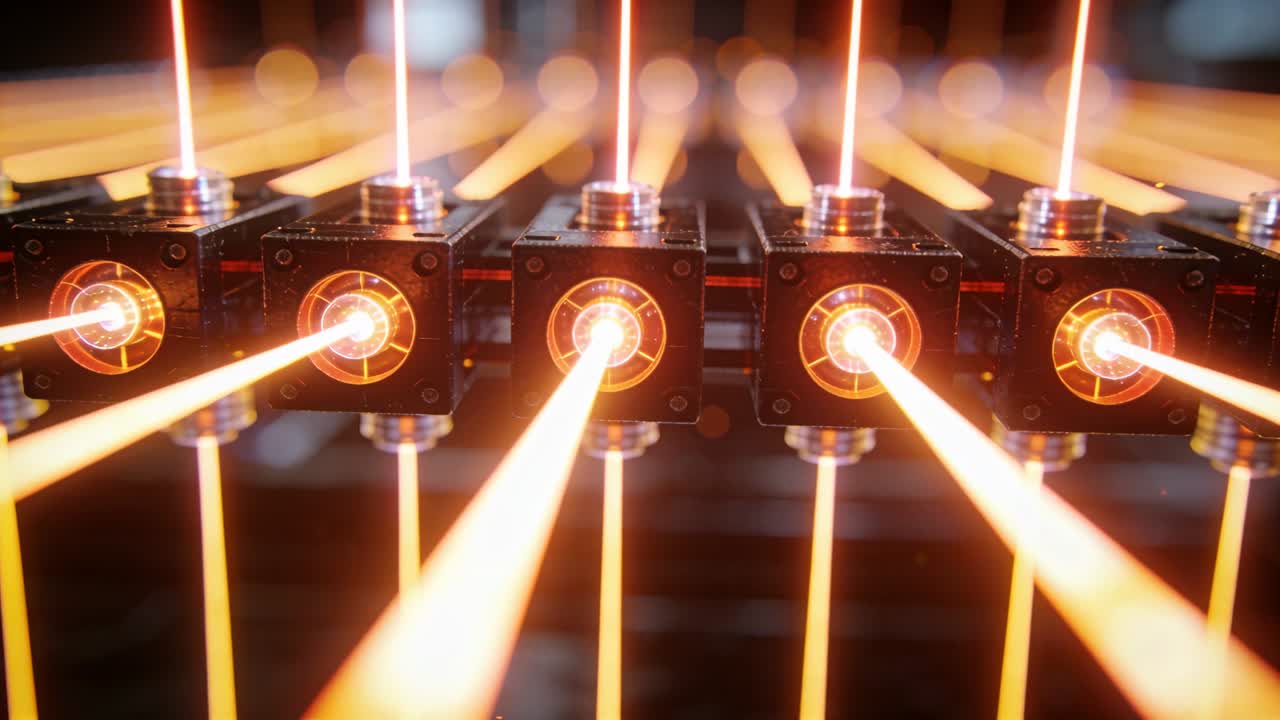 Emitting centered array of optical modules sending orange beams upon start in lab rack with rods