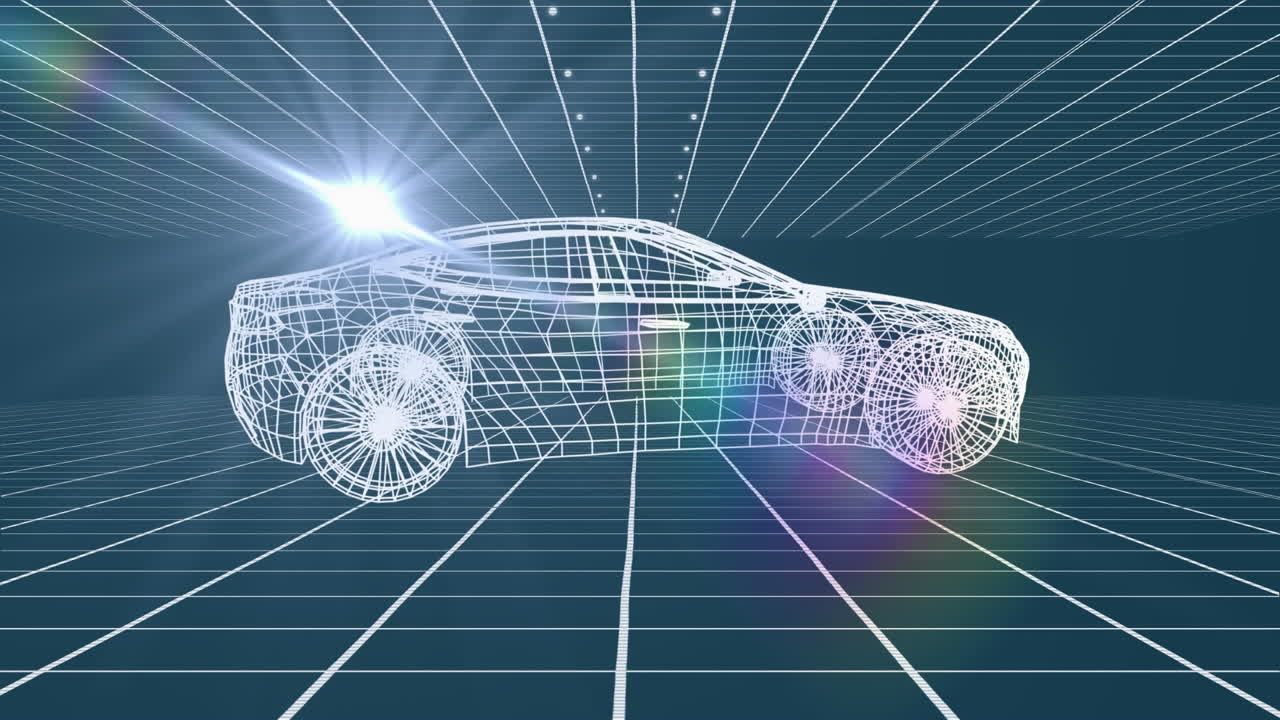그리드에서 회전하는 3d 자동차 드로잉의 애니메이션