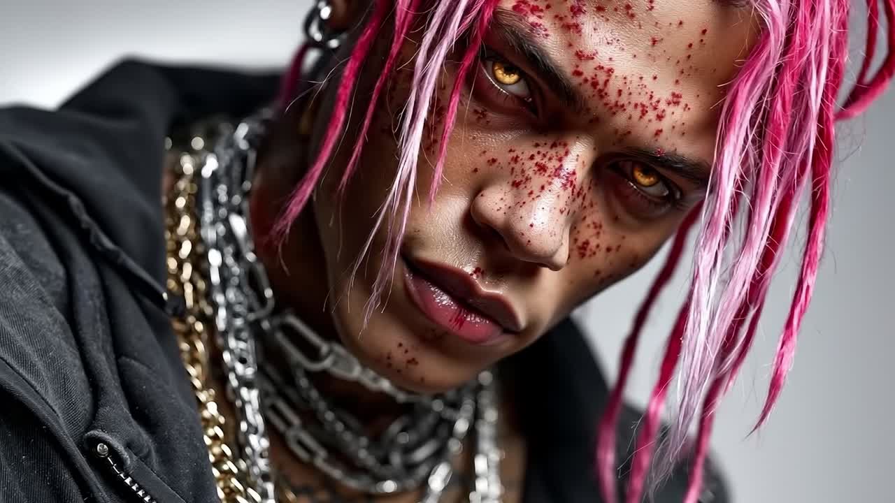 A man with pink hair and a black jacket with blood on his face