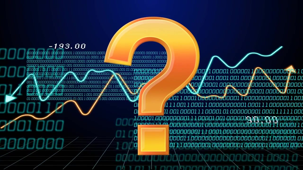 Line charts entering sides pushing orange 3D ? rotating as binary expanding showing doubt