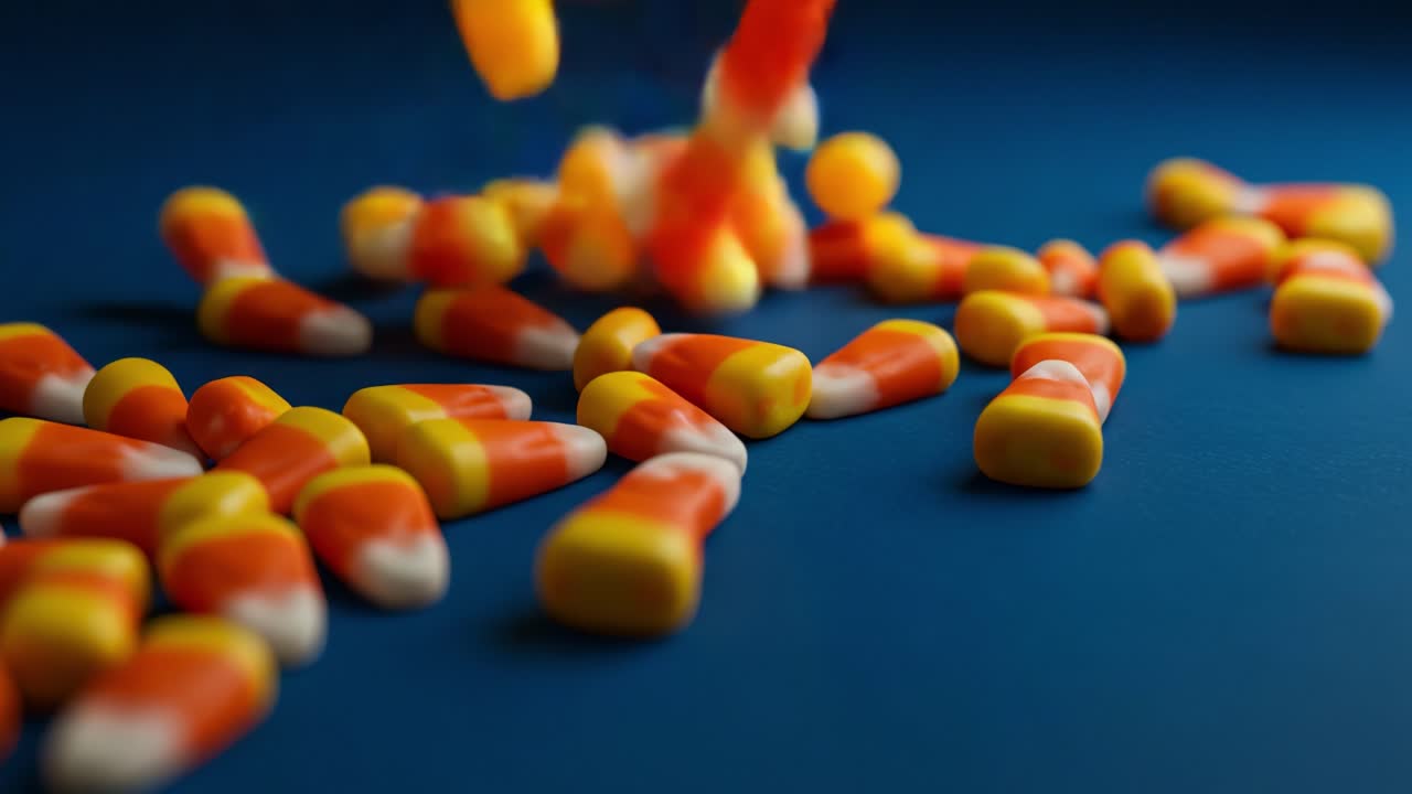 A Colorful Collection of Candy Corn Spreading Across a Blue Background, Highlighting the Sweet Treats' Unique Shape and Vibrant Colors Perfect for Seasonal Celebrations