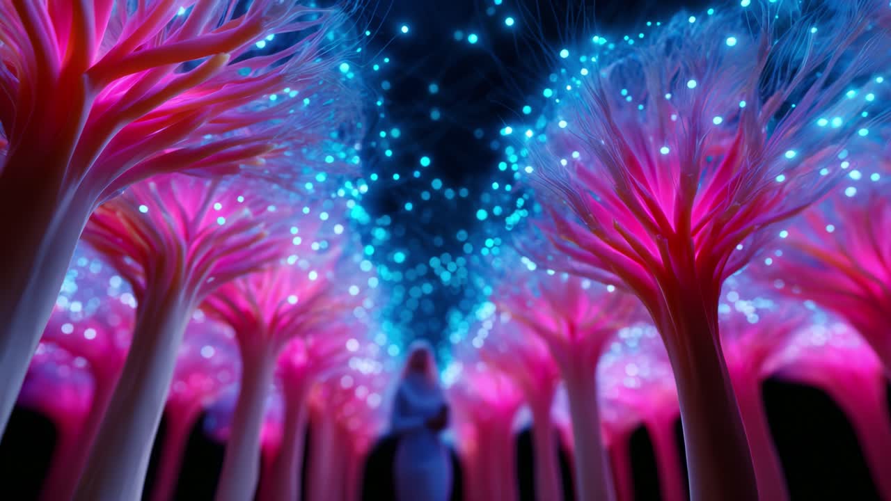 A mesmerizing scene showcases luminous, ethereal trees adorned with vibrant pink and blue lights, creating an enchanting atmosphere around a mysterious figure in a secluded, vibrant forest