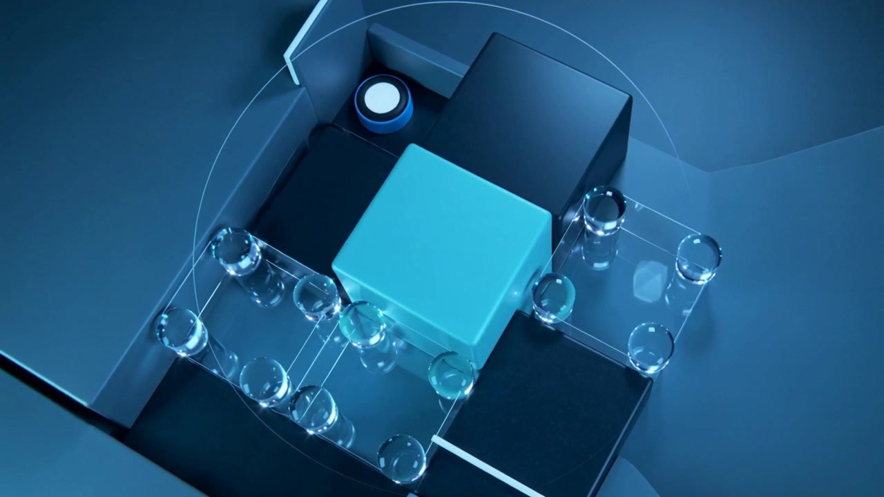 Rotating camera revealing cyan cube on studio set, showing pegs and blocks, reflecting highlights