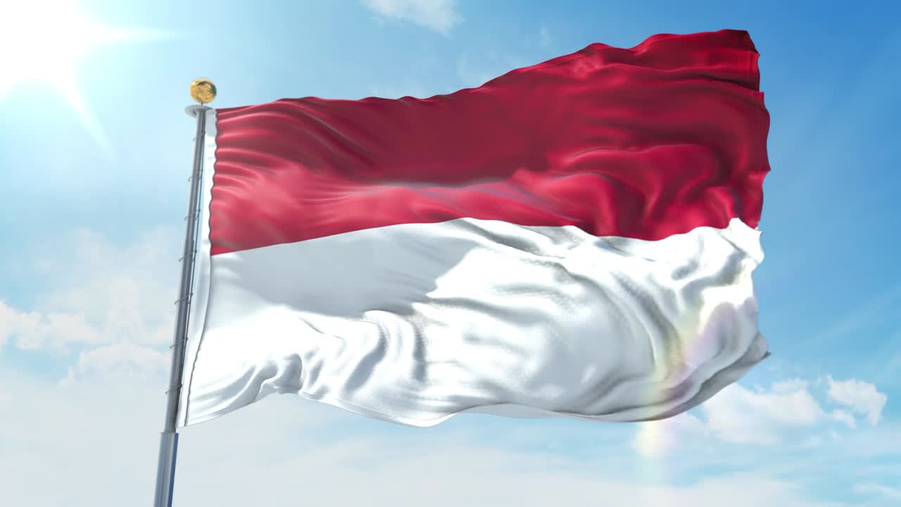 깊은 파란 하늘을 배경으로 바람에 흔들리는 인도네시아 발, 국가 테마, 국제 개념, 3d 렌더링, 시엄리스 루프, 4k