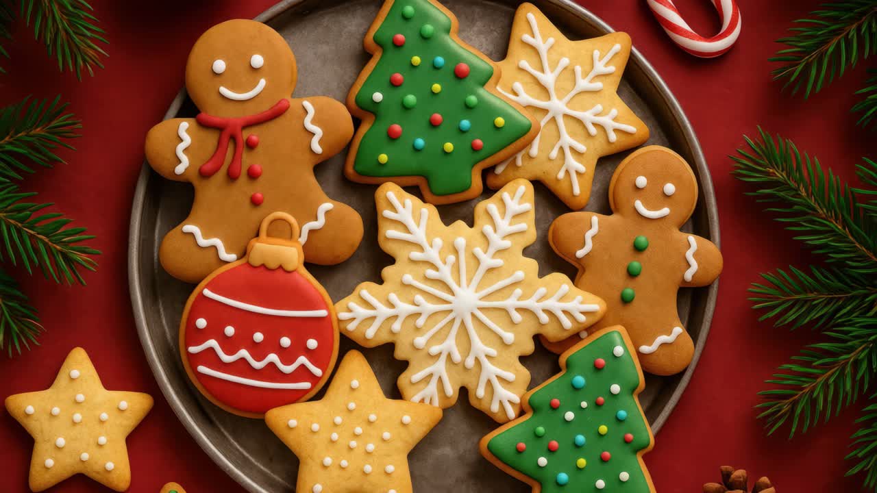 Top-down view of festive Christmas cookies on a plate, featuring gingerbread and snowflake designs