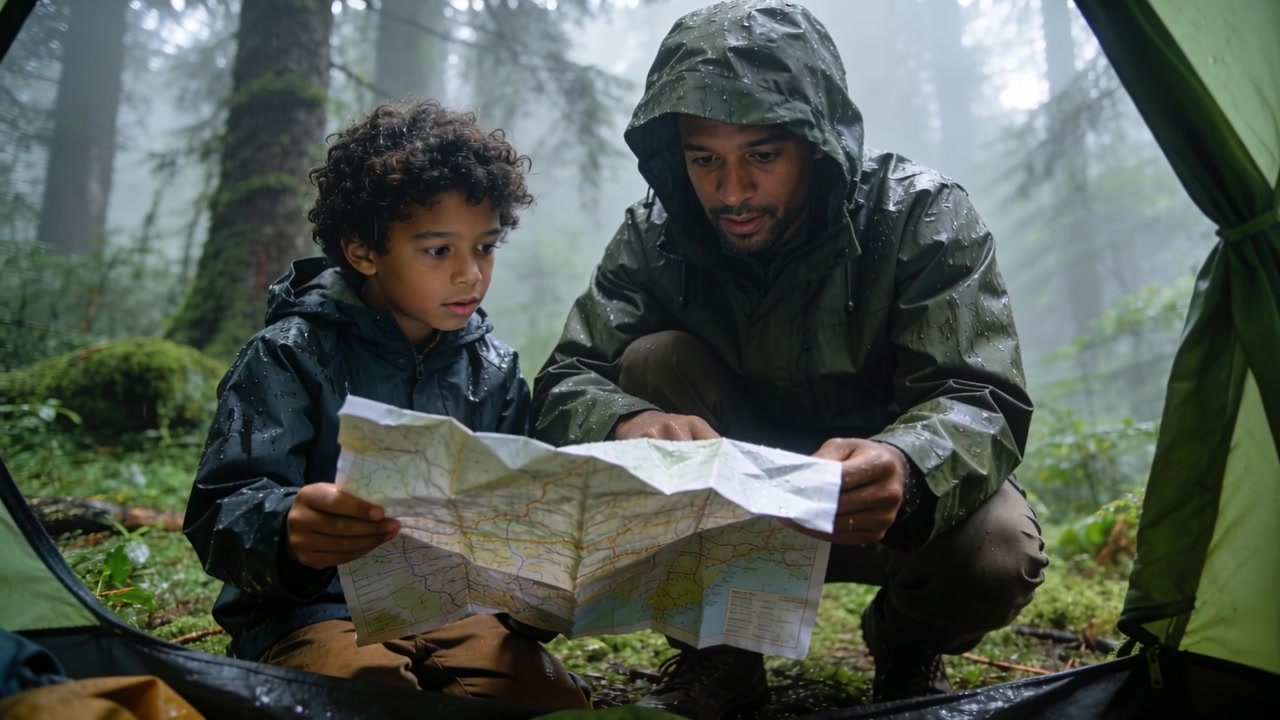 Studying parent and child pointing and planning at tent flap following rain, with map, rain jackets