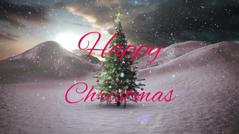 happy christmas text over christmas tree and winter scenery