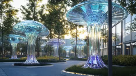 modern glass mushroom art installation in a public urban space