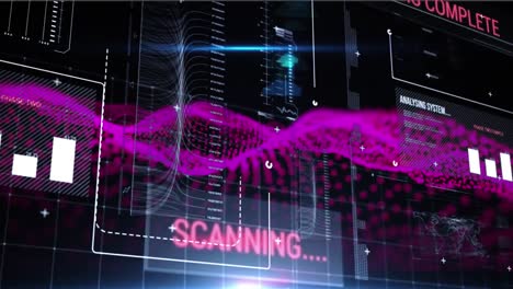 Digital-interface-with-data-processing-against-pink-digital-waves-on-black-background