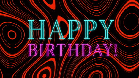 animación de texto de cumpleaños feliz de neón sobre patrón de caleidoscopio rojo abstracto sobre fondo negro