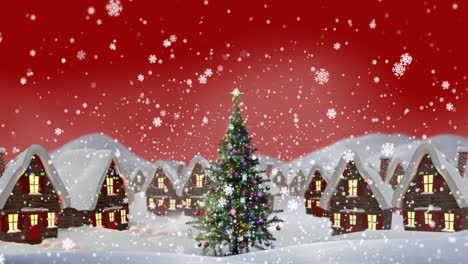 Animation-of-snow-falling-over-winter-village-with-christmas-tree