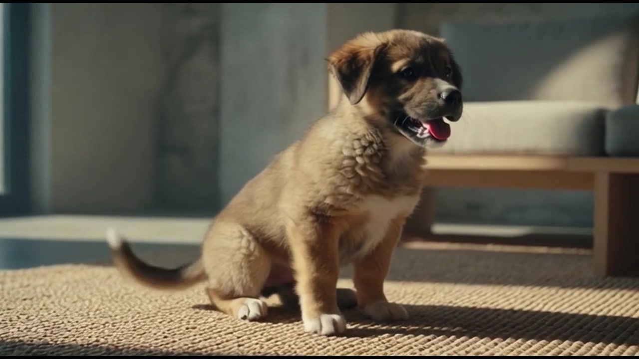 Cute Puppy Sitting on a Rug in a Sunlit Living Room