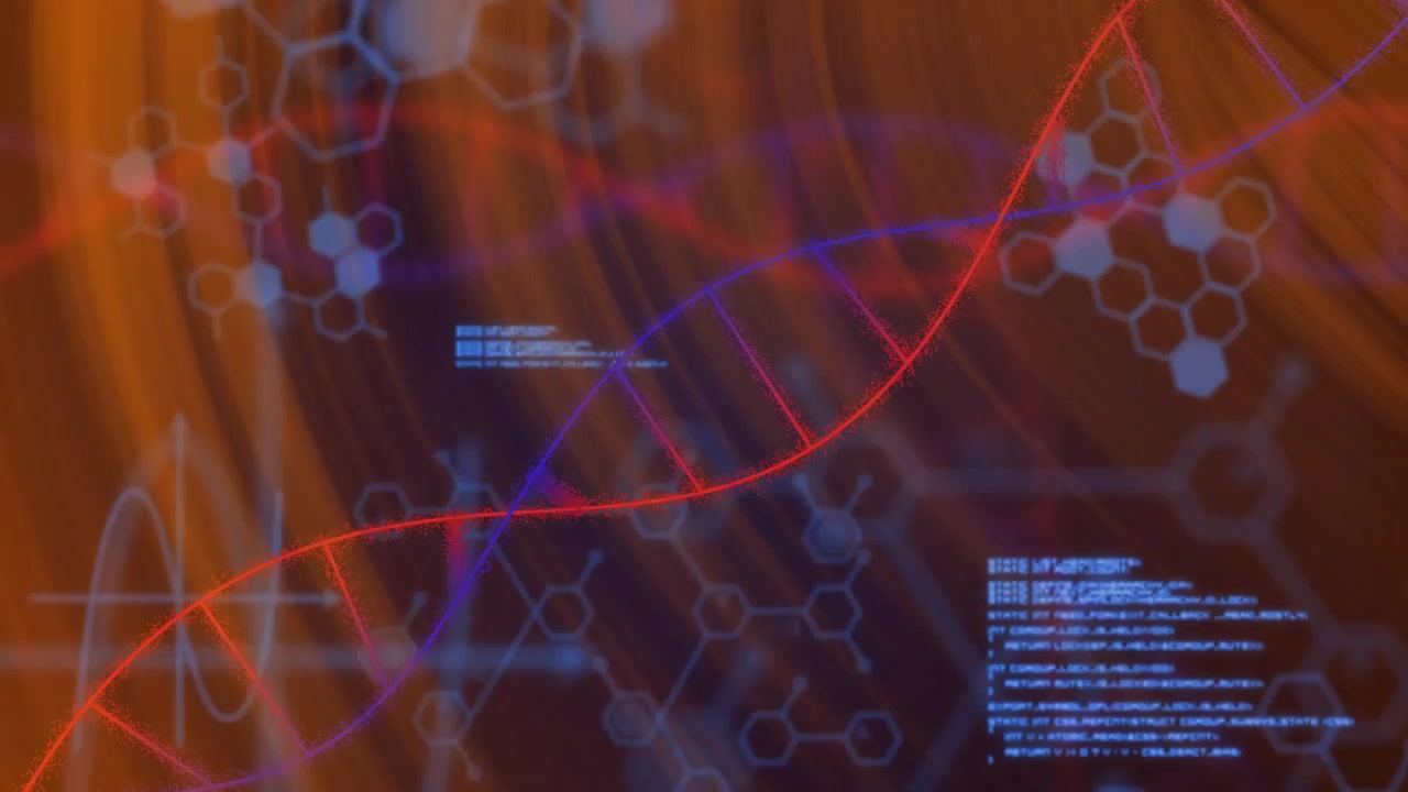 Orange ribbons unfurling across dark field sparking DNA helix emerging visualizing molecular data