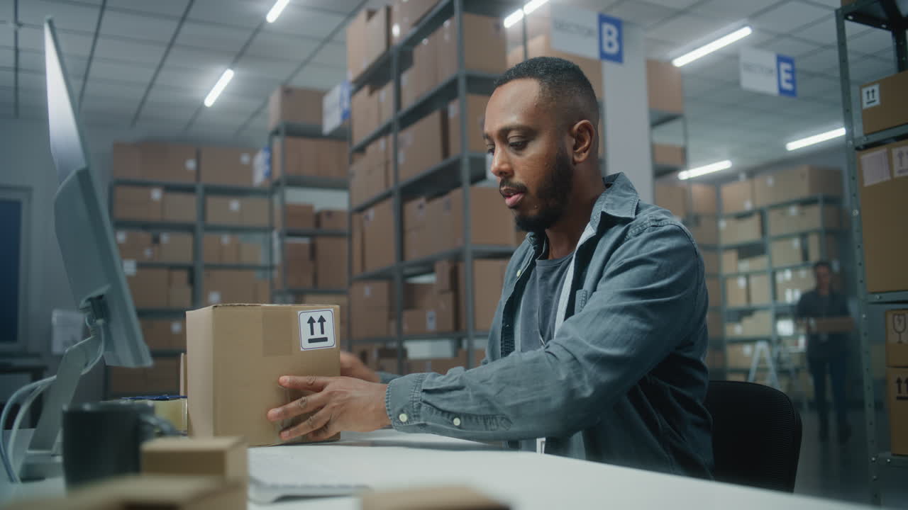 trabajador de almacén en una computadora