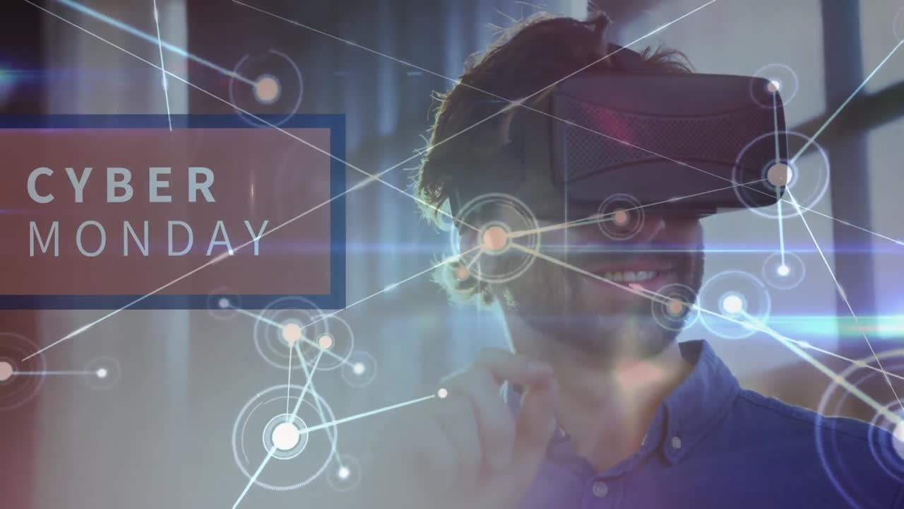 Animation of network of connections and cyber monday text over caucasian man using vr headset