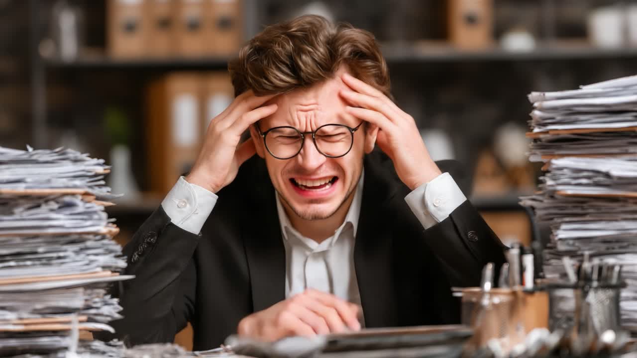 Overwhelmed Office Worker Struggles with Stress from Unmanageable Piles of Paperwork, Reflecting the Challenges of Modern Day Workplace Anxiety and Burnout