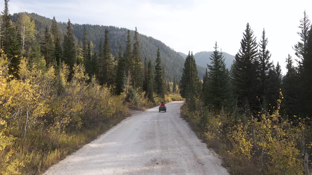 Low drone view of a atv driving slow through the forest in the mountains of Utah