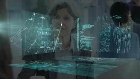 animación del procesamiento de datos financieros en pantallas sobre una mujer de negocios caucásica en la oficina