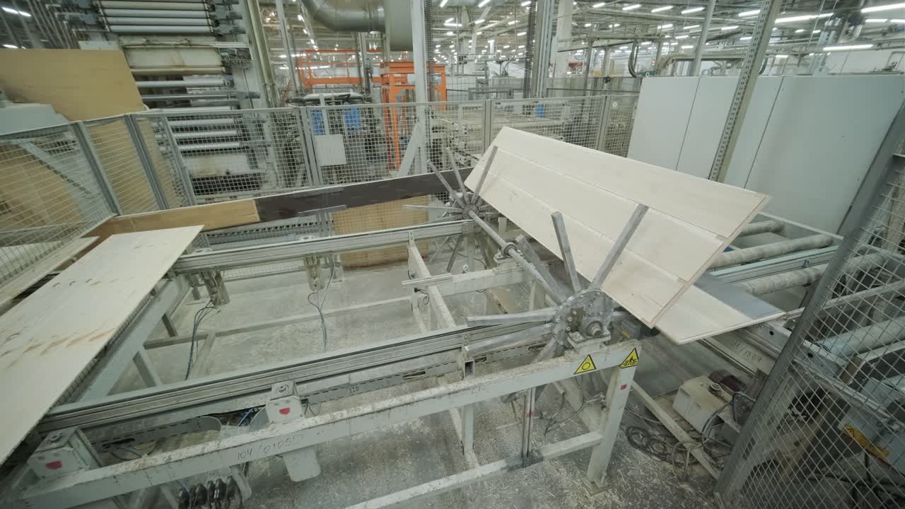 Automated Wood Boards Processing on Conveyor Belt in Industrial Factory