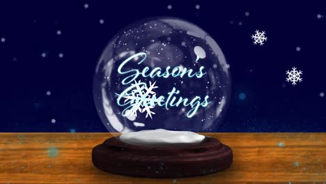 Animation-of-christmas-greetings-in-snow-globe-on-wooden-boards,-shooting-star-and-snow-falling