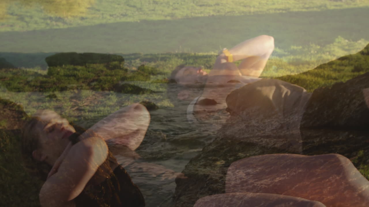 Overlaying serene natural landscape, two people relaxing outdoors in animation style