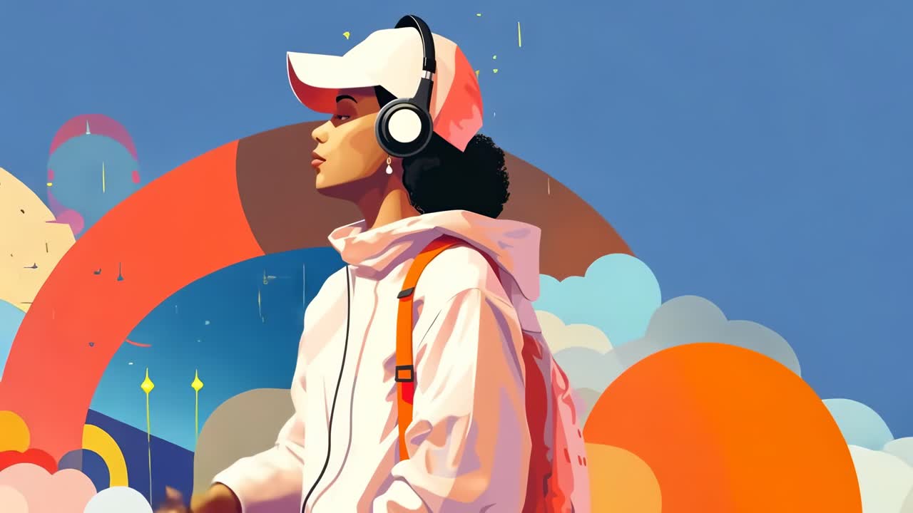 Vibrant video concept art of a person in headphones and cap, surrounded by colorful clouds
