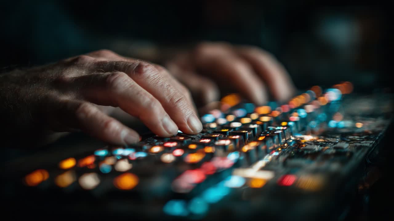 Engaged Fingers Tapping on a Colorful Keyboard Illuminated by Vibrant Lights, Creating a Dynamic Atmosphere of Digital Interaction and Creativity