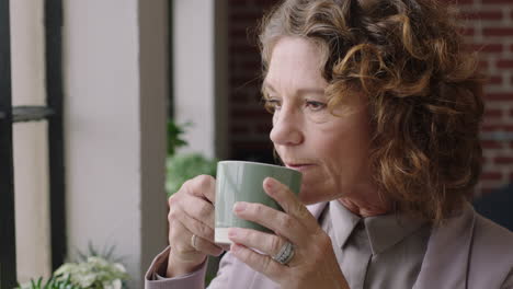 retrato mujer caucásica madura bebiendo café en casa mirando por la ventana planeando hacia adelante pensando exitosa mujer de mediana edad contemplando la jubilación