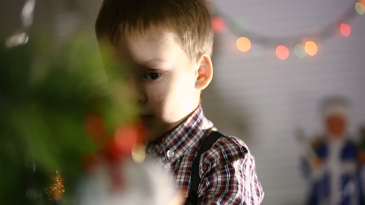 Boy Decorating Christmas Tree. Boy decorating the christmas tree at home in the living room