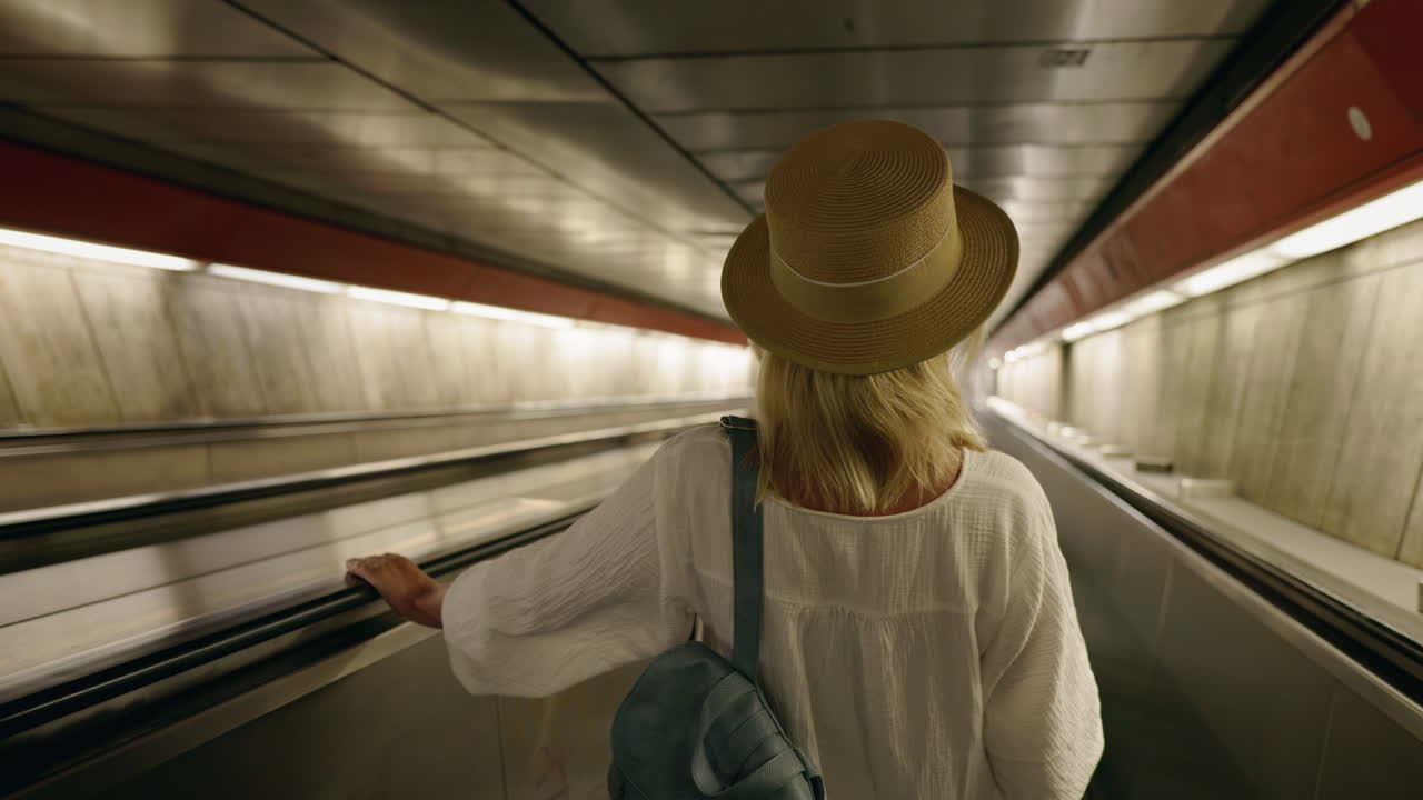 mujer en una escalera mecánica